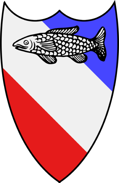 File:Azure a salmon argent in full, per bend gules, over a bend argent.png