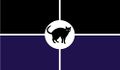 This was the flag used by the capital city of the republic, Lewistown. It consists of a black top and a purple bottom, with a white cross meeting from the outside, to a circle in the middle, which contains a cat.