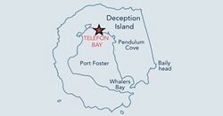 Map of Deception Island, the Arctic Islands capital island, with Telefon Bay as its capital.