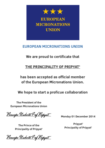 File:European Micronations Union Certificate PrincipalityofPripyat'.png
