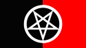 white reversed pentagram on a half-black, half-red backround