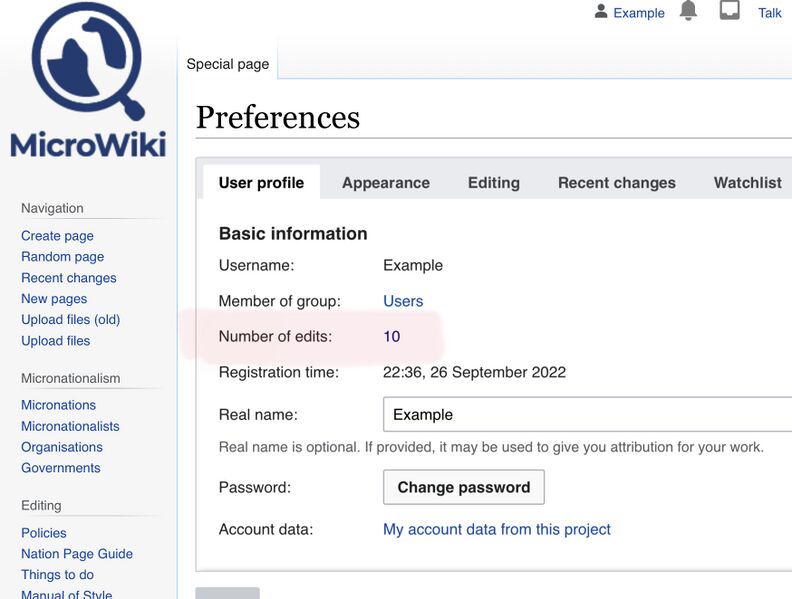 File:MicroWiki 'Preferences' with the number of edits highlighted to serve as an illustrated example of a user's edit count display on the MW-EDITS article. User-Example. Default view so as to benefit more users; mobile desktop view, Chrome.jpg