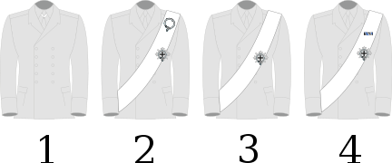 Wearing of the Order 1. Neck badge 2. Sash with arms 3. Sash without arms 4. Sash with medals