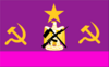 A pink-purple flag with two hammer and sickles on the side. The eagle of Saladin with the Mozambique gun and hoe and a star on the top.
