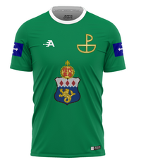 Green football shirt emblazoned with the Enactorial Arms and Urabbaparcensian Cross