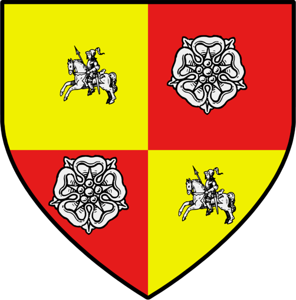 File:Shild of HRH Prince Jacob Gules two roses argent, quarterly or two mounted knights argent.png