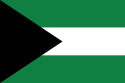 The flag of Waldwohl, three horizontal stripes, green-white-green with a black triangle on the left pointing right