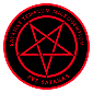 Black symbol with a red outline, red reversed pentagram, the text "Satanae Templum Microgentium" on top, and the text "Ave Satanas" on the bottom