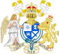 Coat of arms containing shield, royal standard and crown, held by lion and a saint