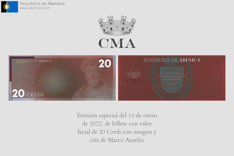 File:Emisión especial del 14 de enero de 2022, de billete con valor facial de 20 Creds con imagen de Marco Aurelio.png