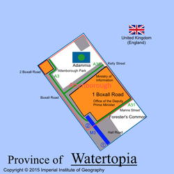 Attenborough within the province of Watertopia (the city is outlined in red)