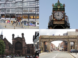 Clockwise from top-left: Chester Rows on Bridge Street, Eastgate Clock, Northgate, and Chester Cathedral.